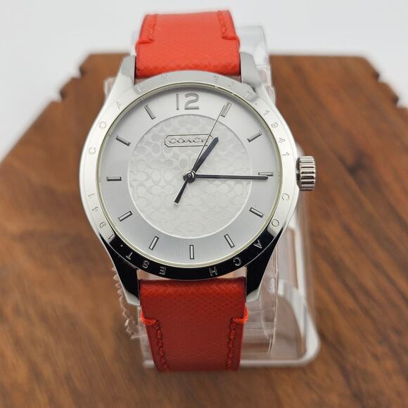 Coach Women's Silver Tone Logo Dial Watch Red Leather Band Classy Office Career - Picture 1 of 6